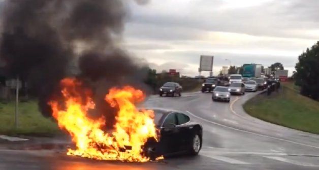 tesla model s catches fire thanks to punctured battery image 1