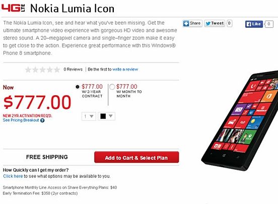 verizon lists nokia lumia 929 as nokia lumia icon with 777 on contract price image 1