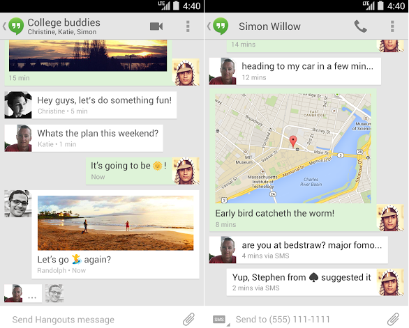 google s hangouts for android app now merges text and chat messages image 1