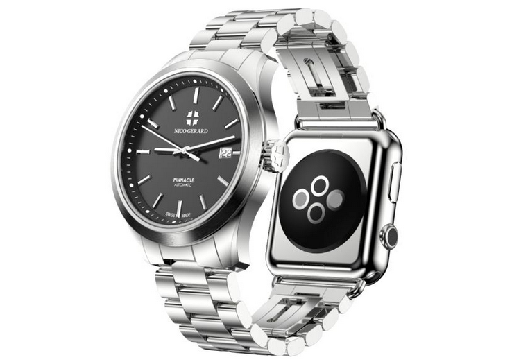 this swiss timepiece lets you attach an apple watch to make a double sided watch image 1