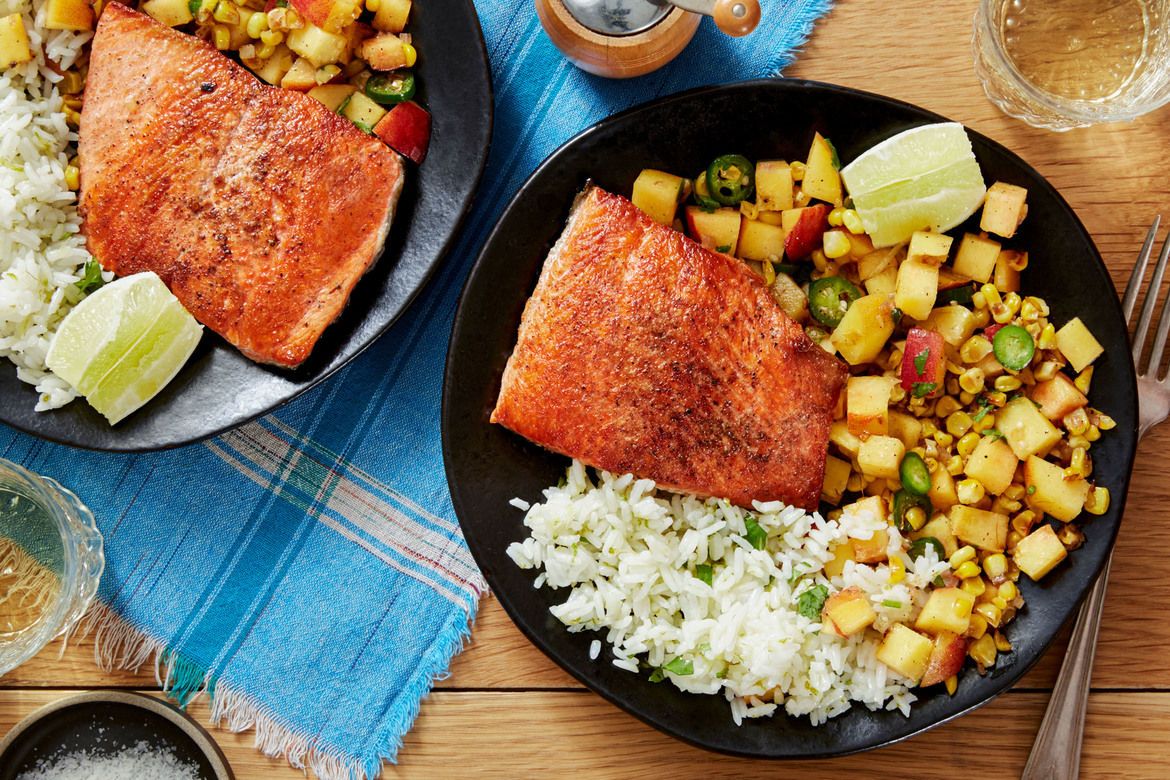 blue apron Salmon and Cilantro-Lime Rice with Peach and Corn Salsa image 1