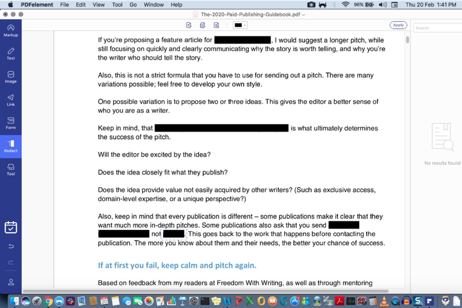 Image shows some PDF security features in PDFelement 7 Pro for Mac. For example, mark for redaction and redacted text.