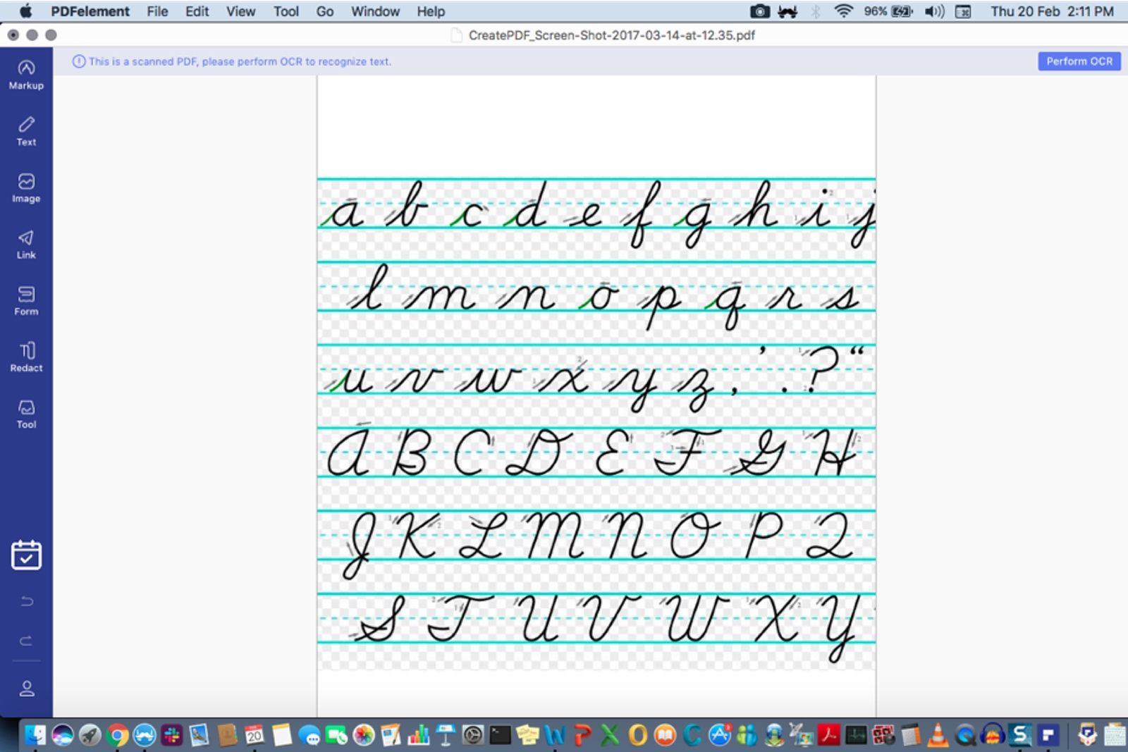 The image shows handwritten text being identified as non-editable and offered to Perform OCR in PDFelement 7 Pro for Mac