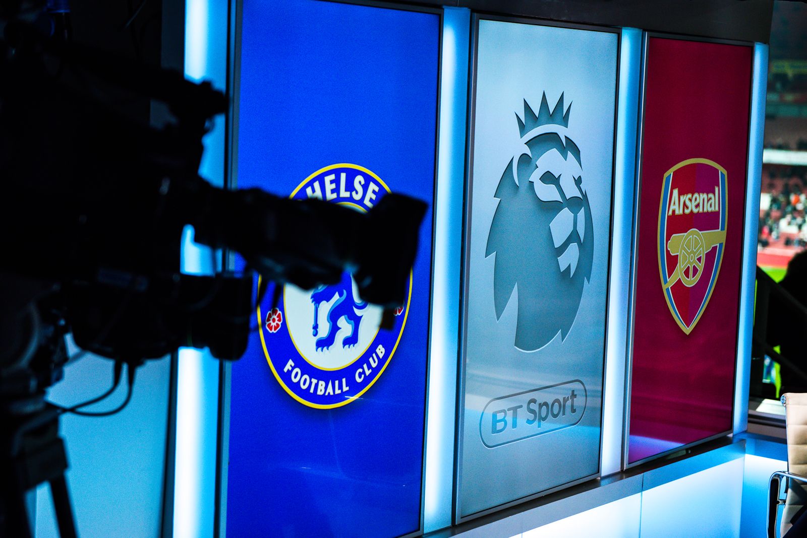 Chelsea and Arsenal logos behind BT Sport TV camera