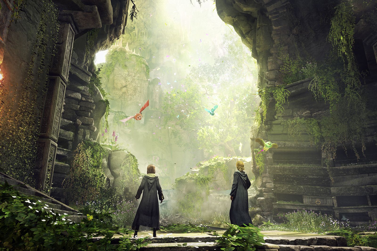 Hogwarts Legacy screenshot showing two wizards in cloaks.