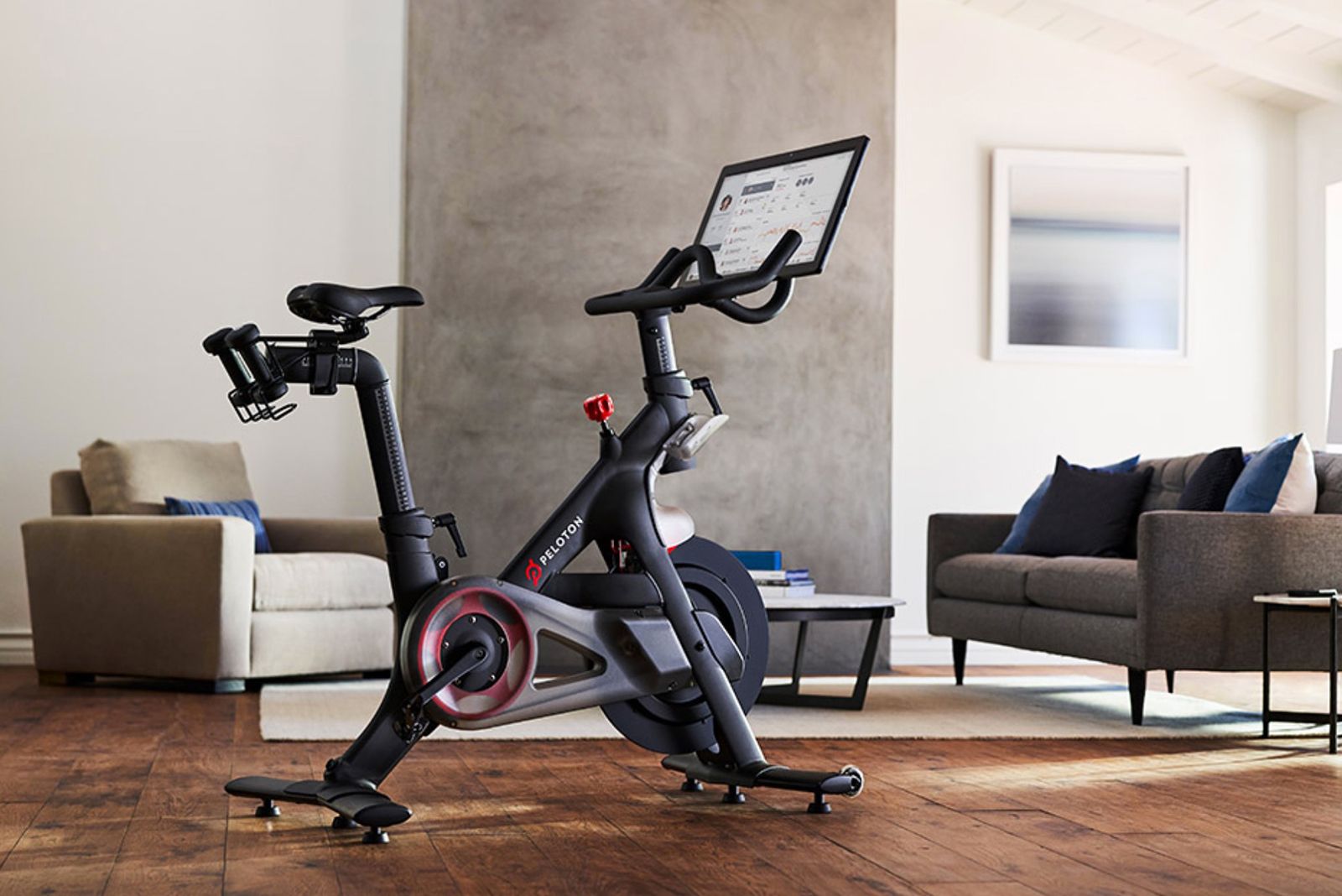 A Peloton bike in a home living room