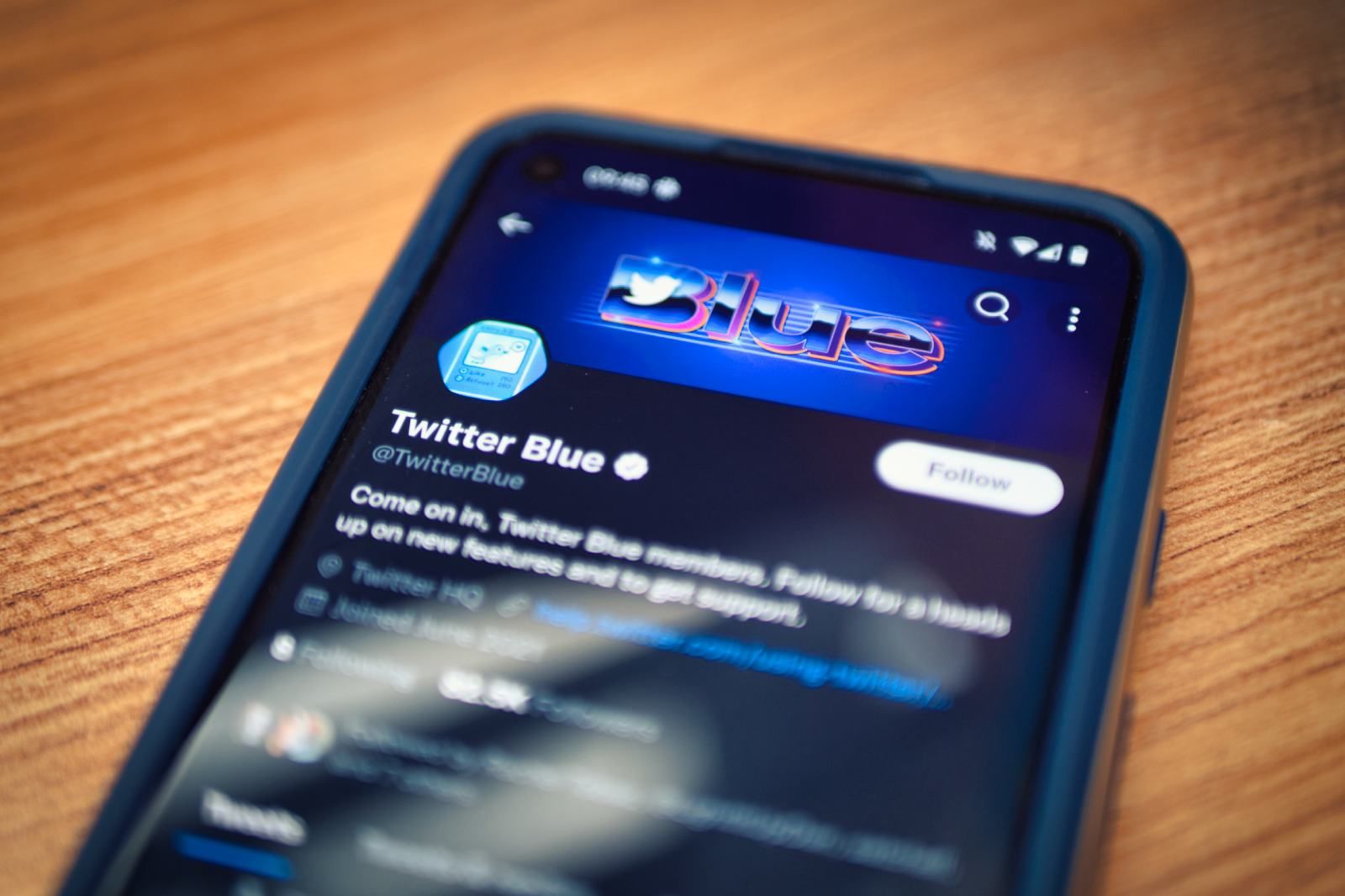 Twitter Blue twitter account shown on a smartphone