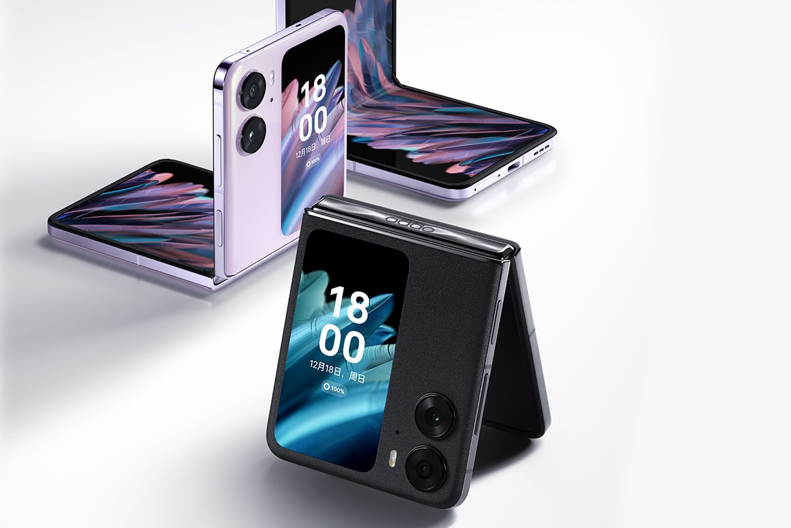 Oppo Find N2 Flip press material showing the phone in purple and black