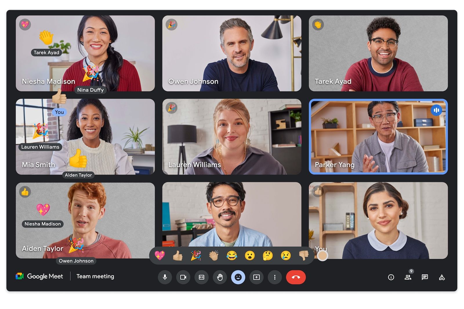 Screenshot showing a Google Meet call with emoji reactions at the bottom of the screen