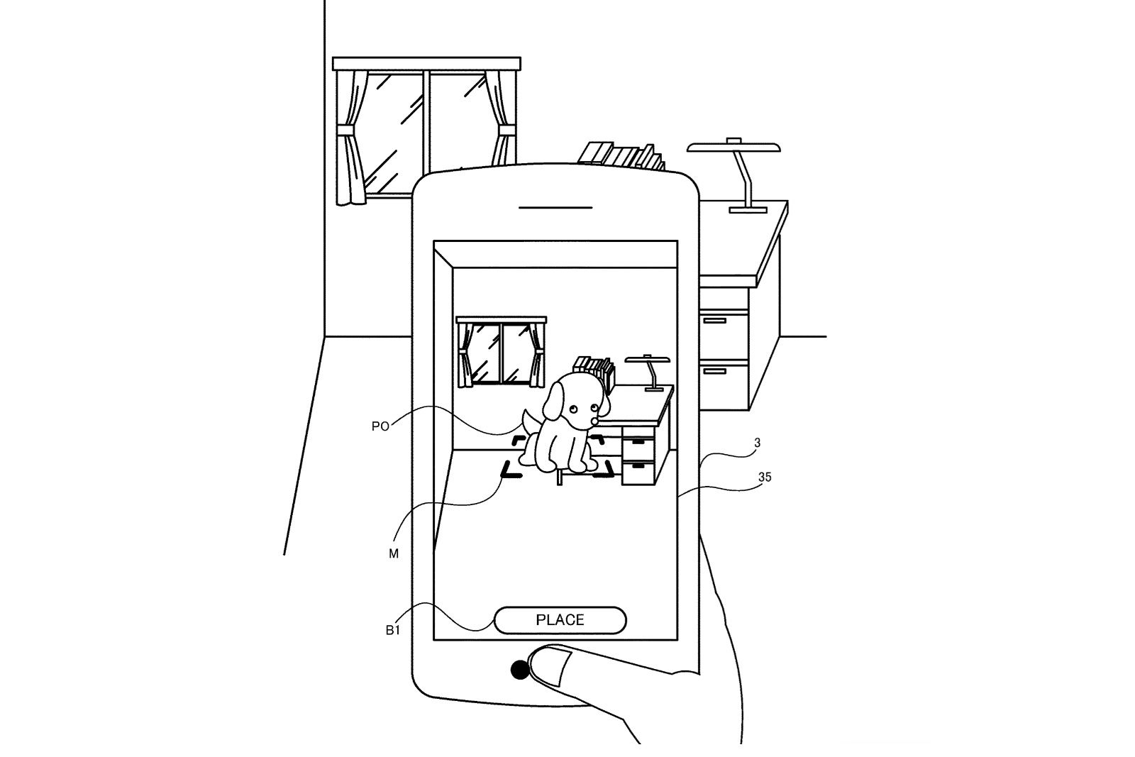 Patent drawing showing a virtual dog on a phone