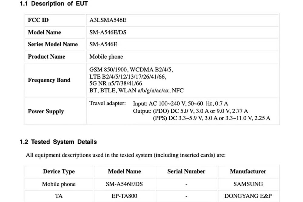 Список Samsung Galaxy A54 FCC