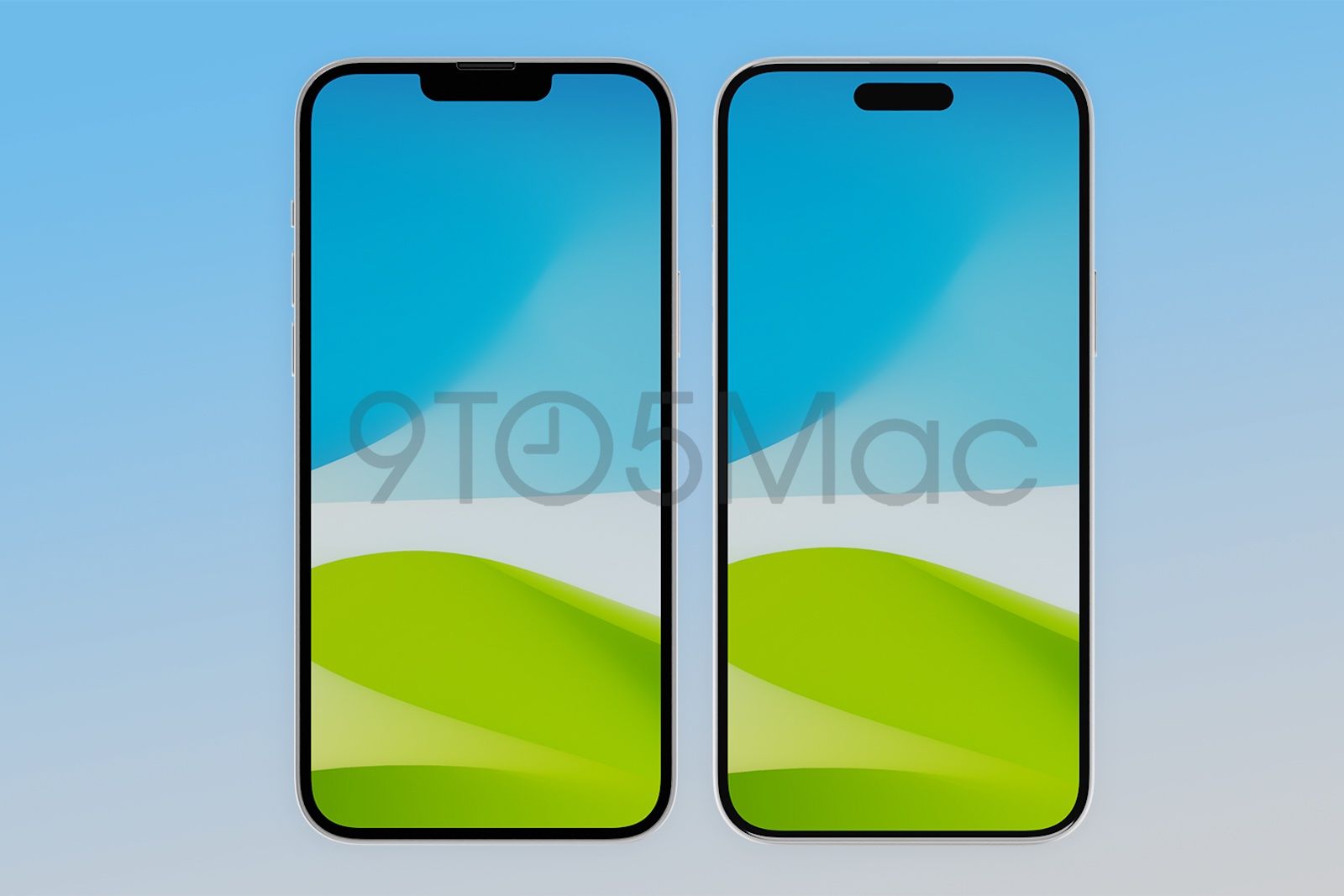 iPhone 15 Plus 3D CAD-рендеринг, показывающий iPhone 15 Plus справа и iPhone 14 plus слева