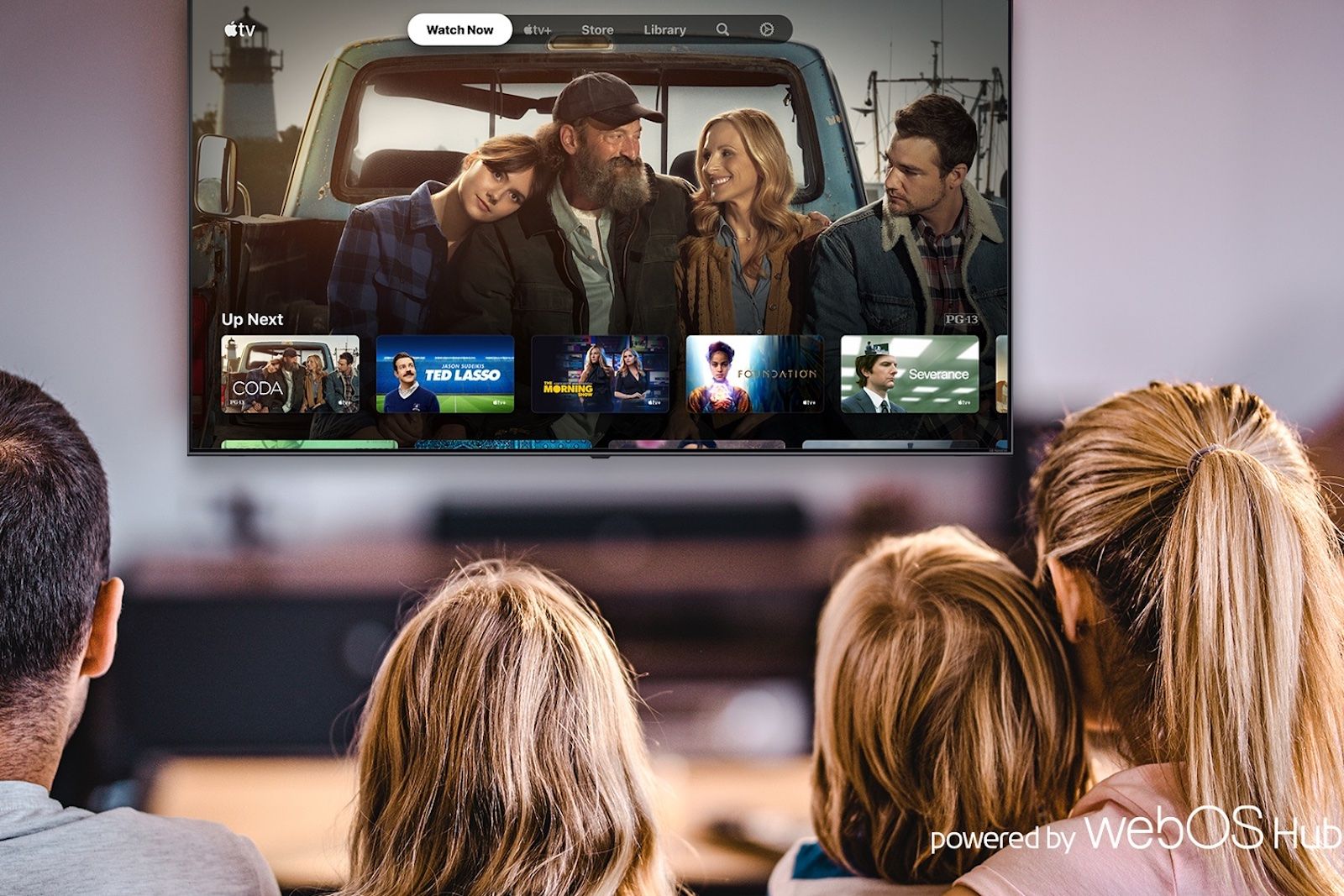 LG webOS TV running Apple TV app with people watching
