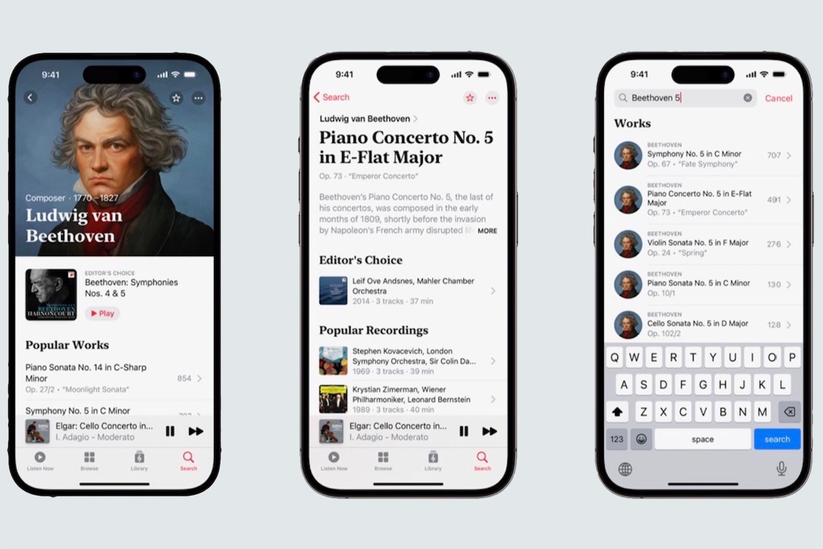 Apple Music Classical on three iPhones
