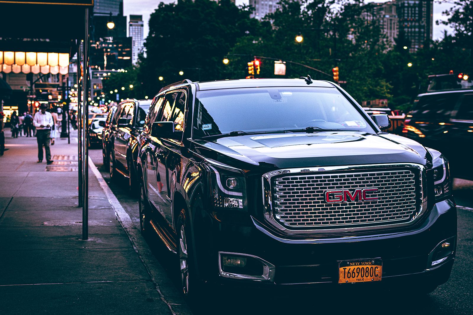 GMC car outside hotel in New York