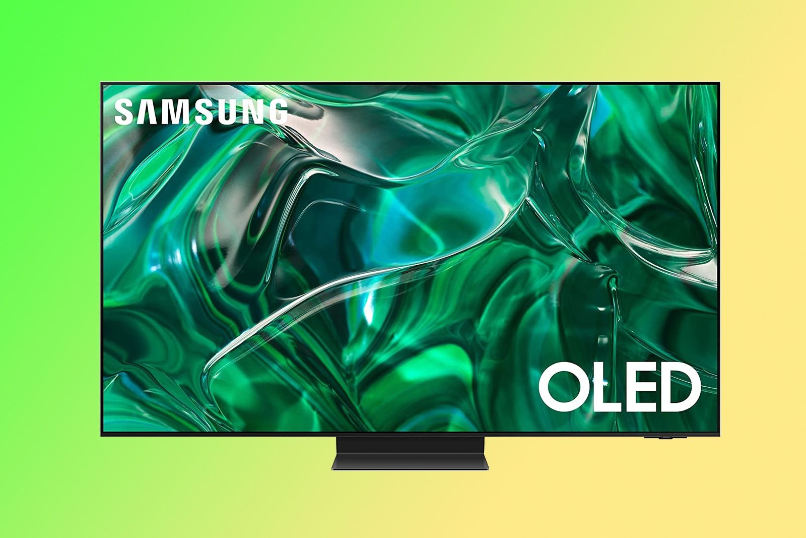 Samsung S95C OLED TV on a green and yellow background