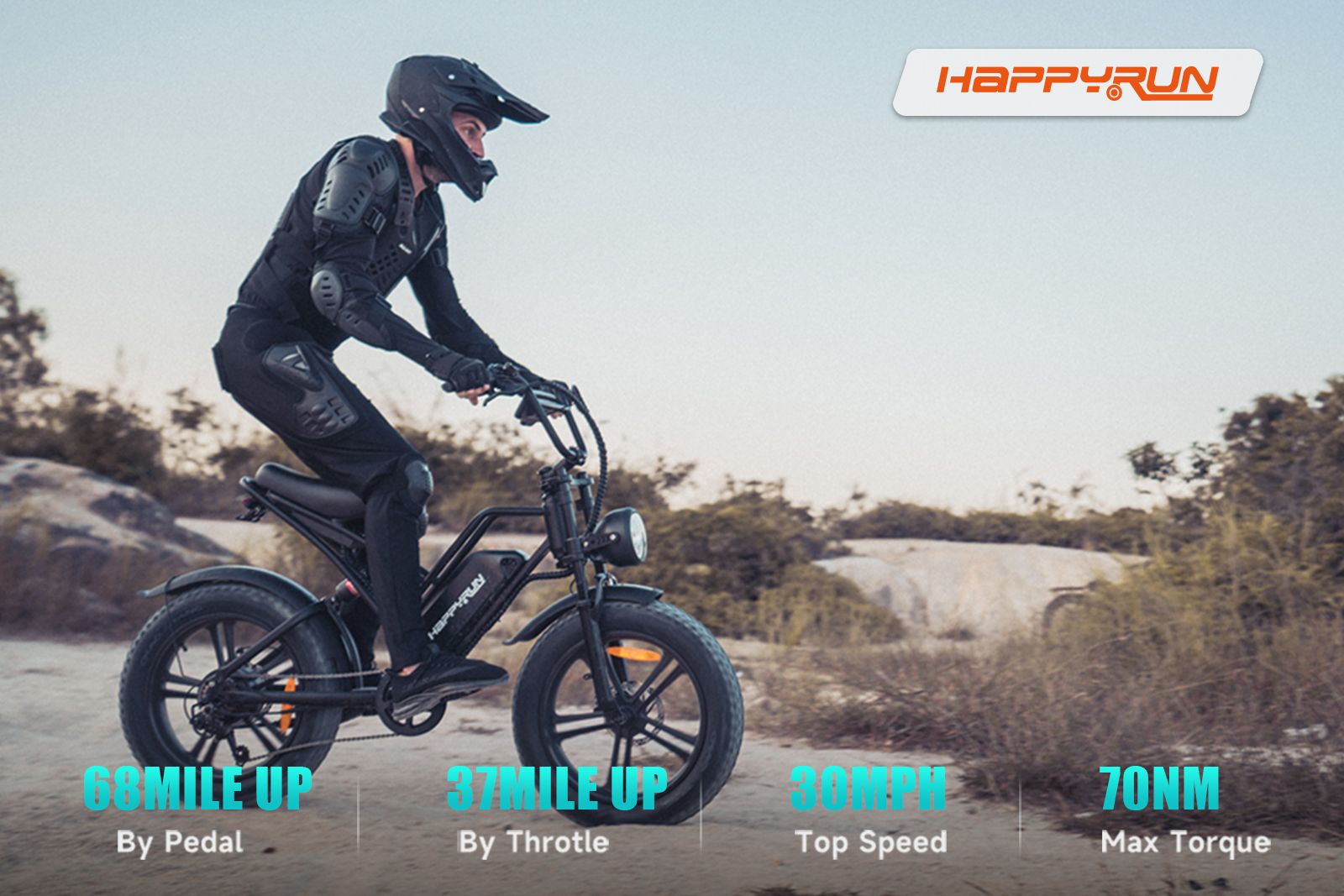 A man in motorcycle gear rides the Happyrun Electric Bike