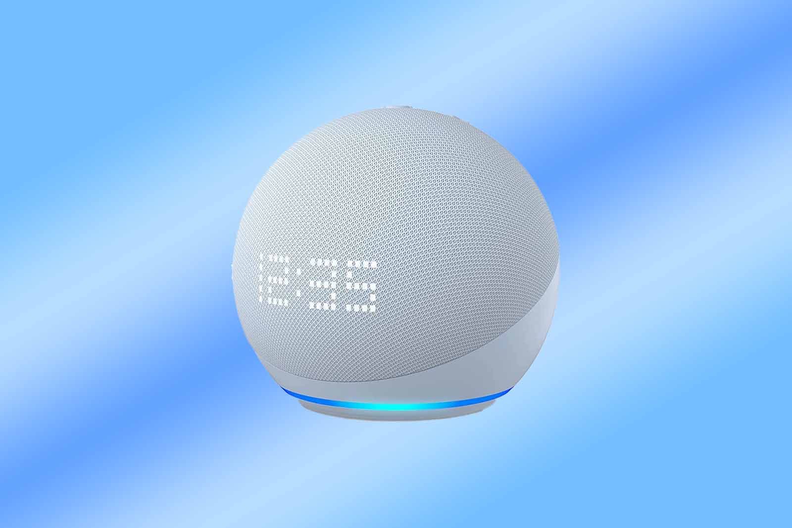 Amazon Echo Dot with clock on a gradient background