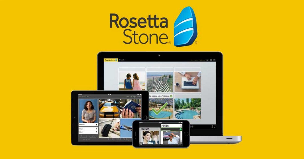 Rosetta Stone language software shown running on different devices