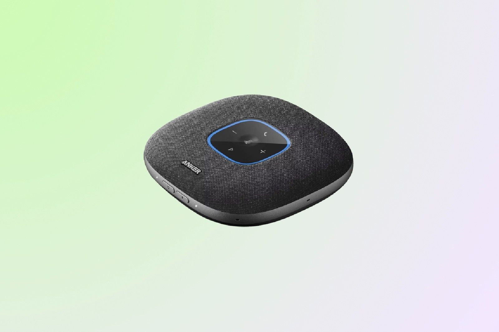 The top of the AnkerWork PowerConf S3 Speakerphone with volume buttons, and power and Bluetooth buttons along the side.