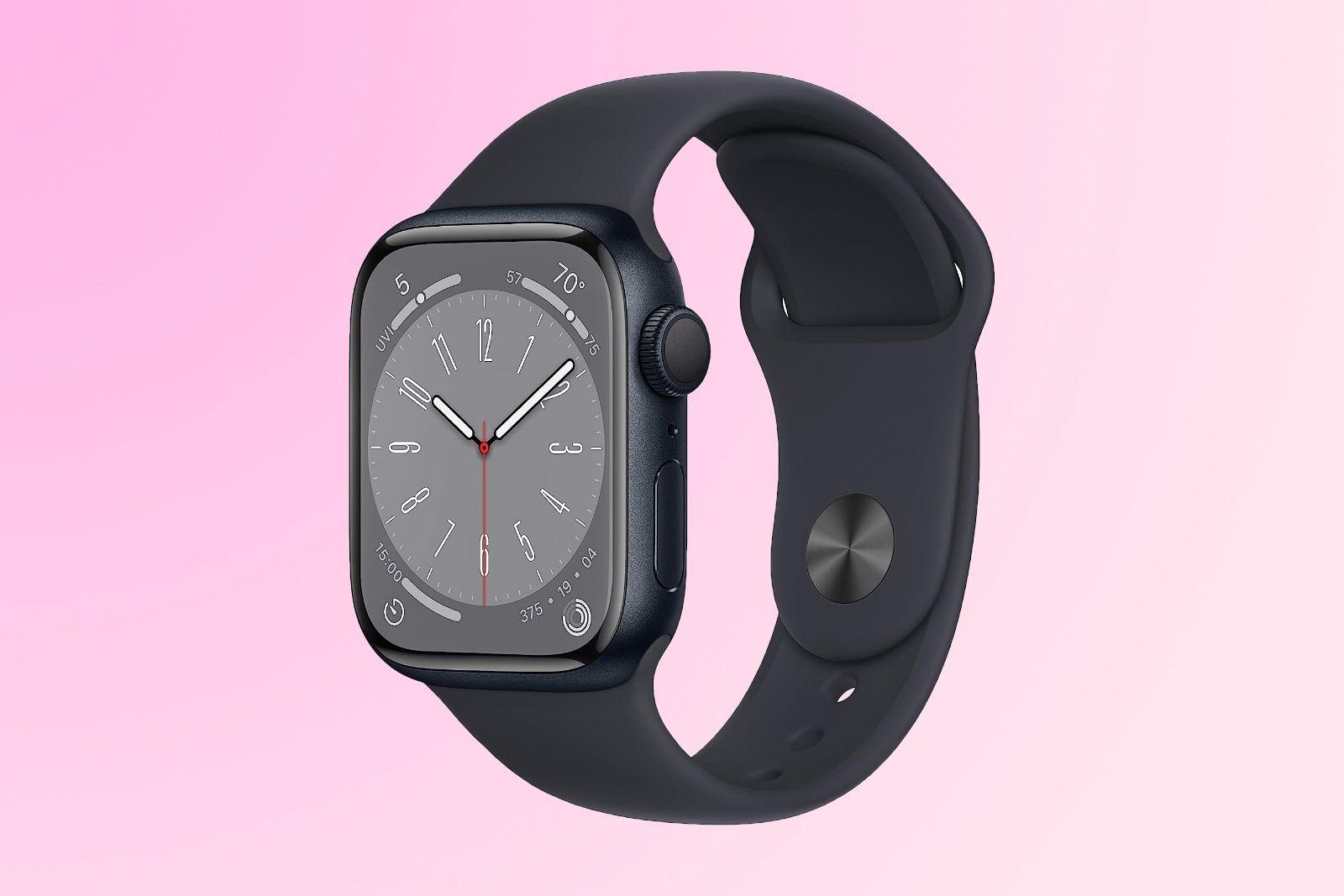 The space grey Apple Watch Series 8 with front screen and back clasp visible.