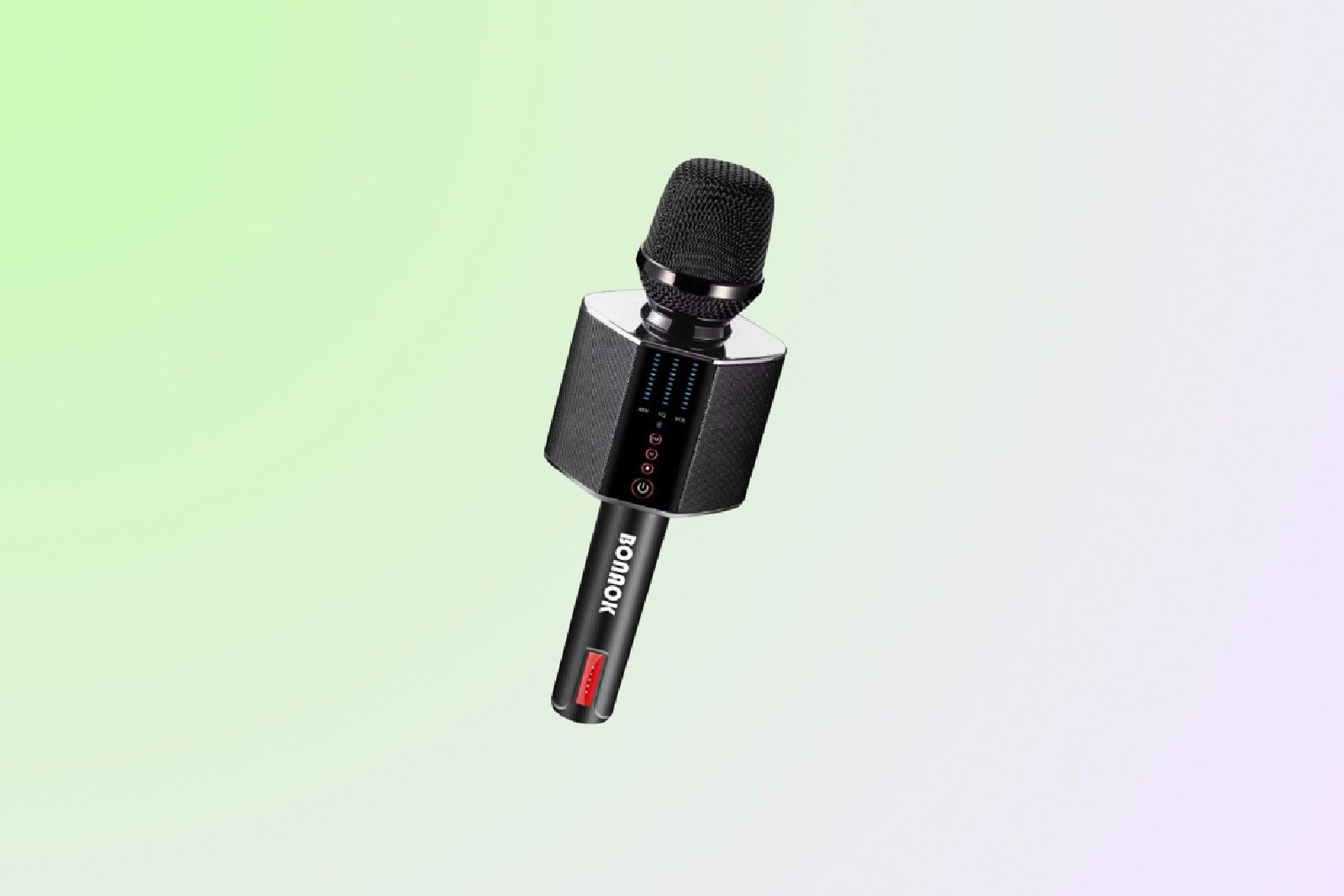 A black Bonaok Karaoke Microphone in profile with stereo speakers in the middle and buttons on the side.