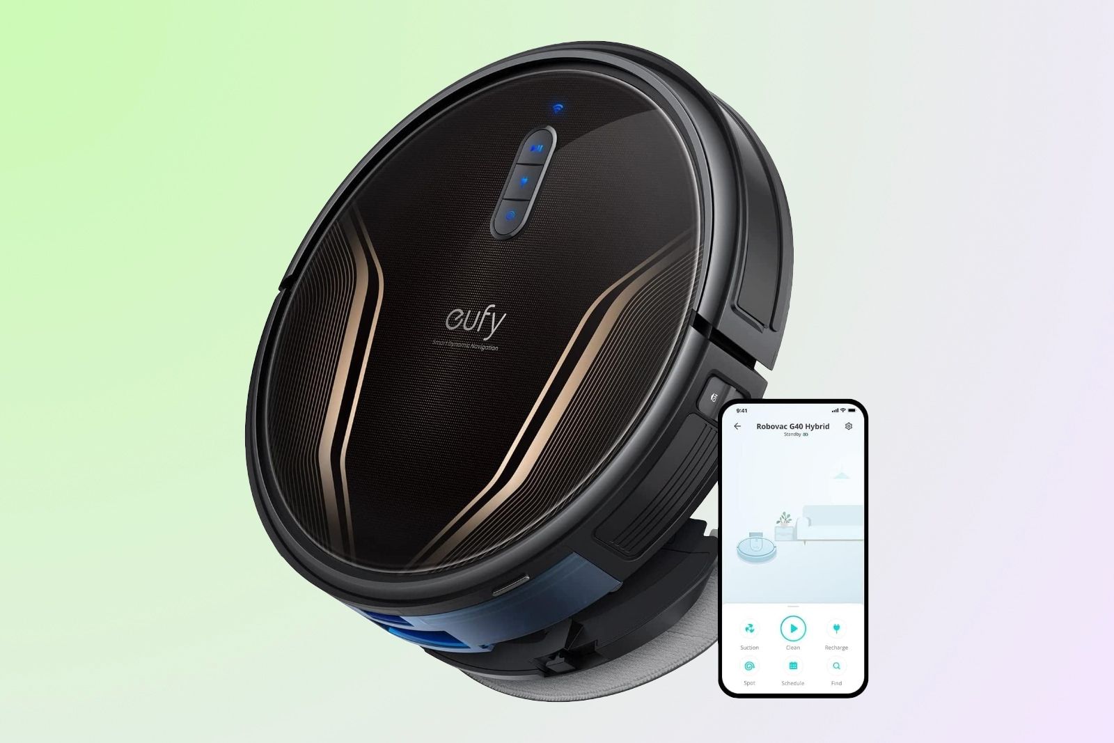 The Eufy Clean G40 Hybrid robot vacuum on its side next to a smartphone.