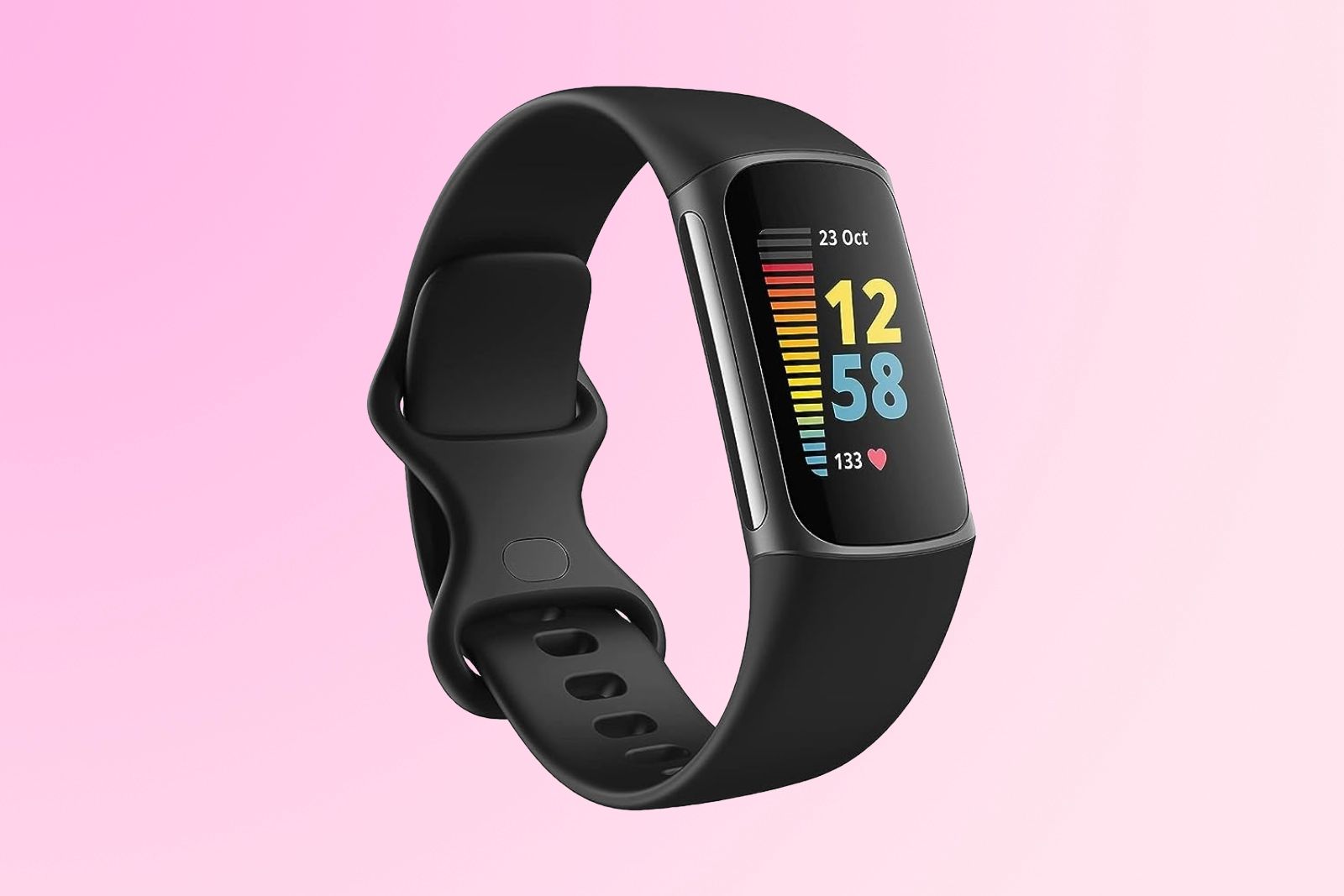 The Fitbit Charge 5 with front screen visible and clasp in the back.