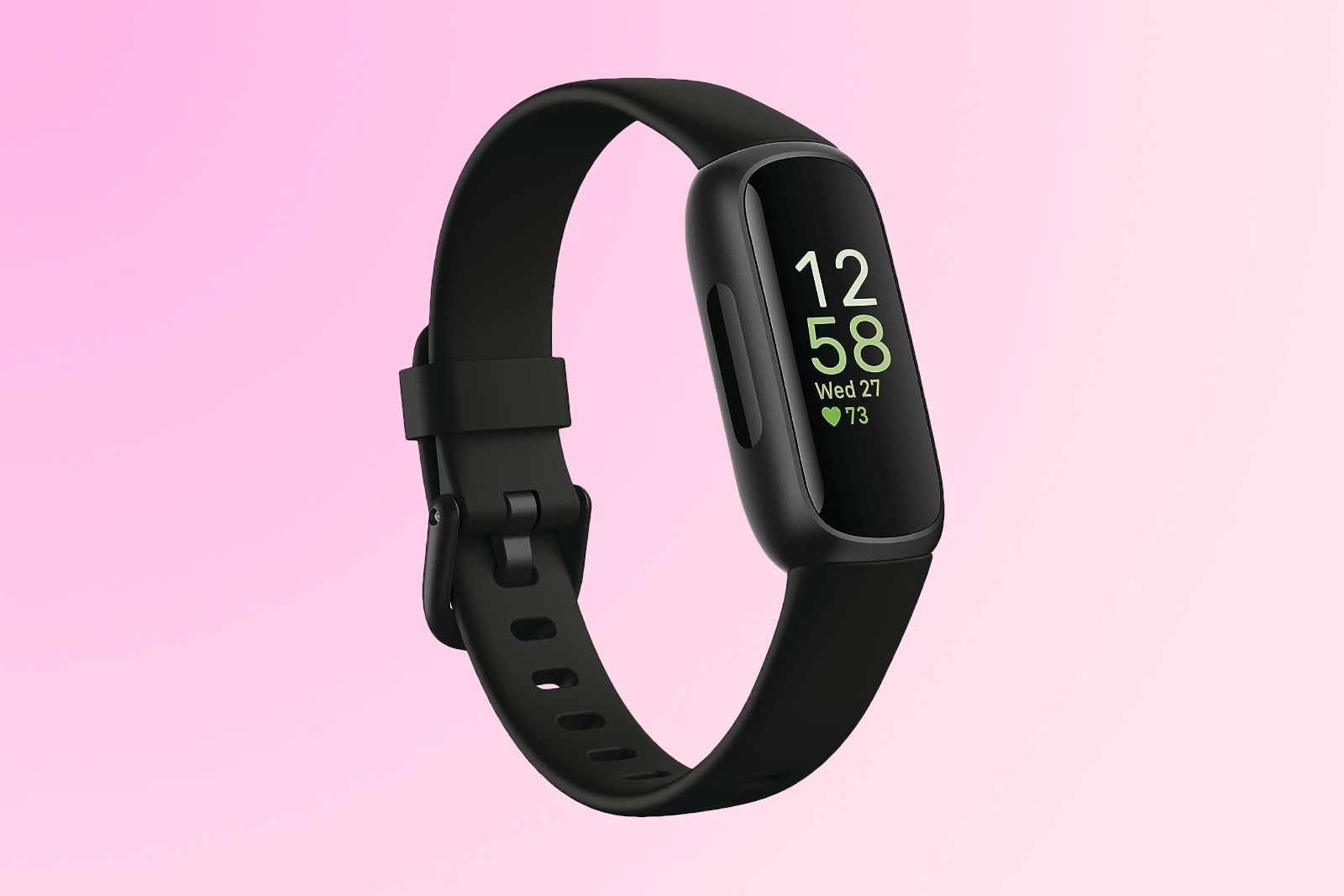 The small, pill-shaped Fitbit Inspire 3 with front screen and back clasp visible.