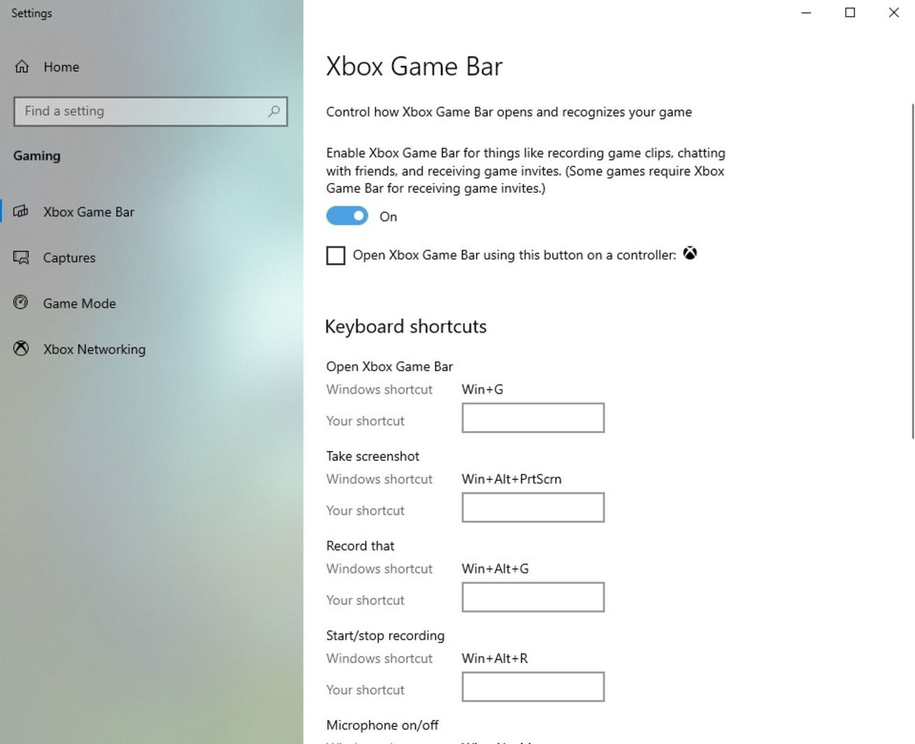 Screenshot of enabling Xbox game bar