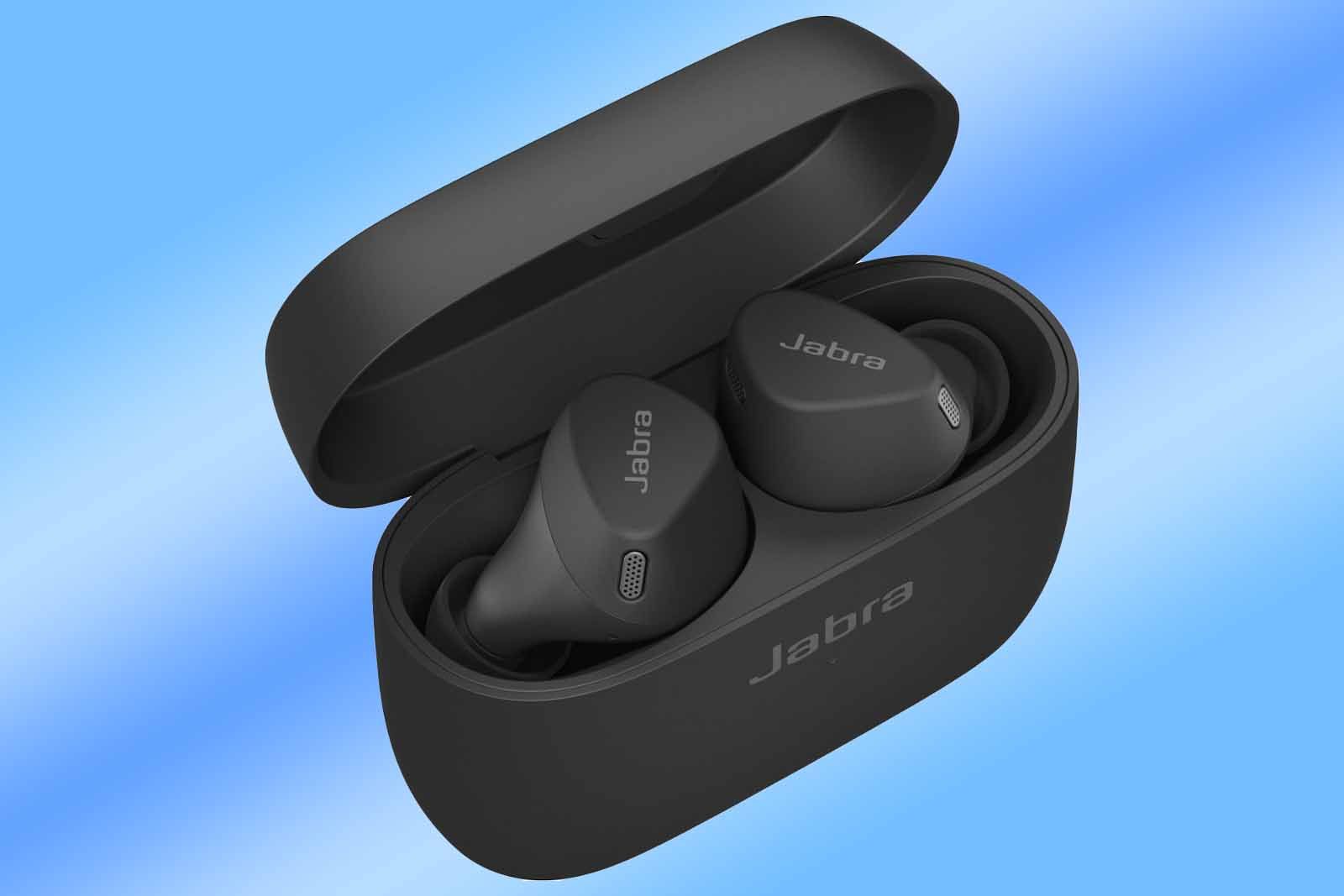 Jabra Elite 4 Active earbuds on a blue gradient background