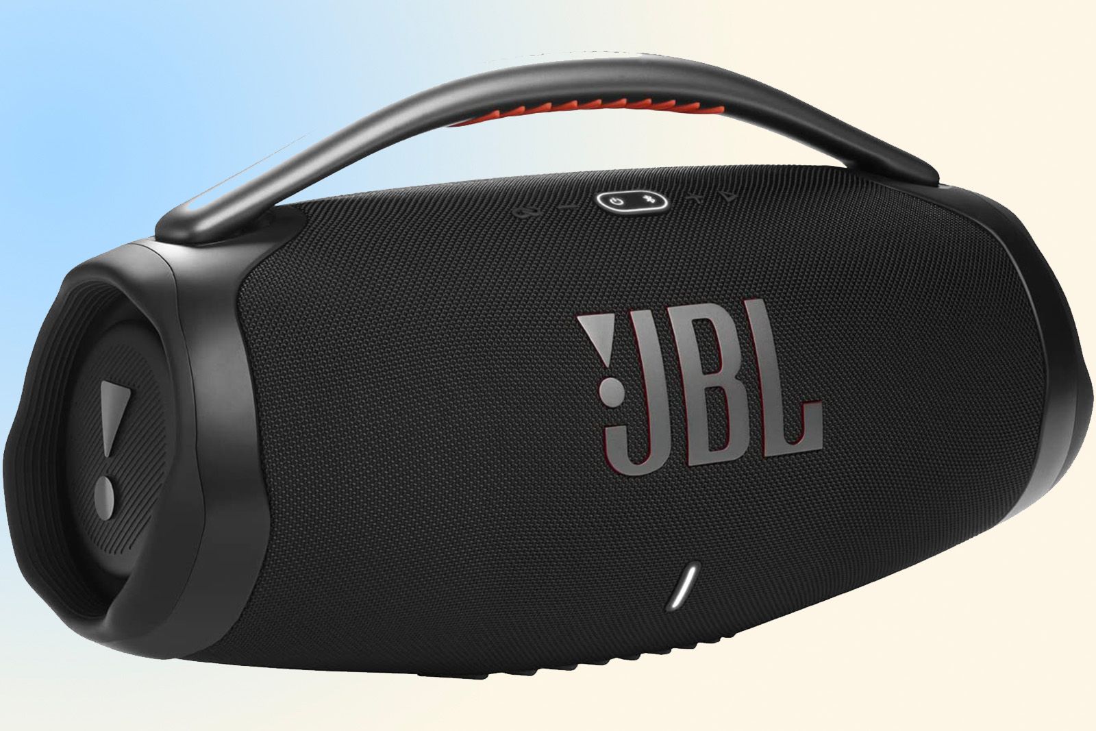 JBL Boombox 3 on a blue and yellow gradient background