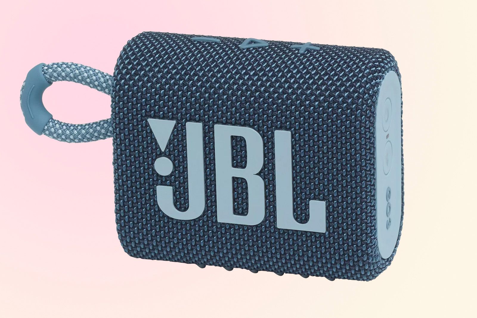 JBL Go 3 on a pink and yellow gradient background