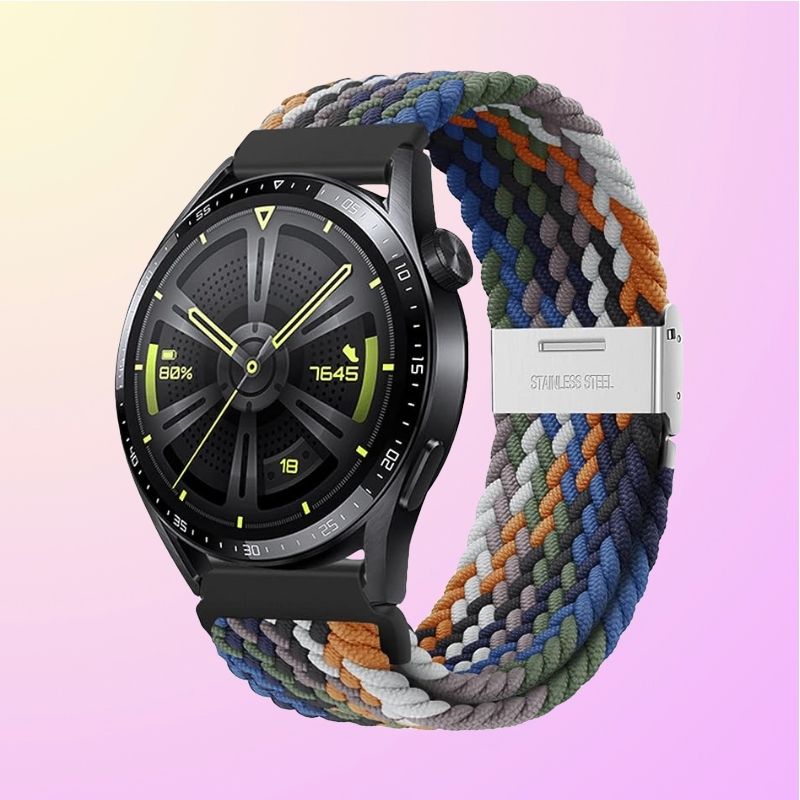 A rainbow-colored braided nylon band with a metal clasp attached to a smartwatch.