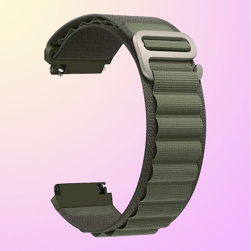 A green fabric band lined with raised loops and a silver metal hook for adjusting the fit.
