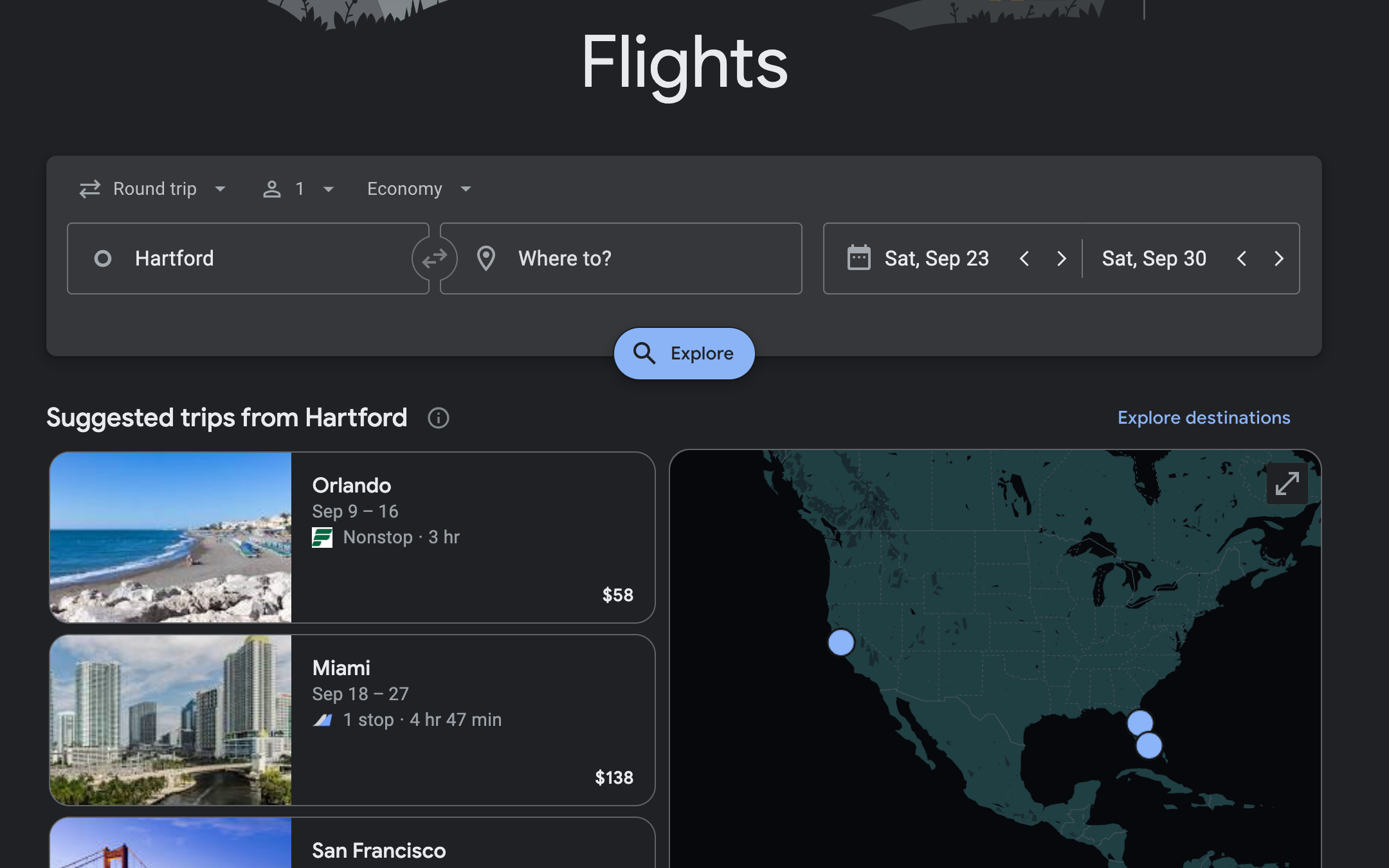Google Flights search page