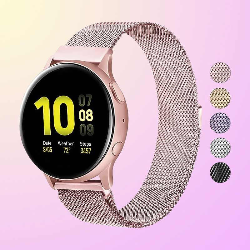 A magnetic, mesh, silver, metal band attached to a round smartwatch.