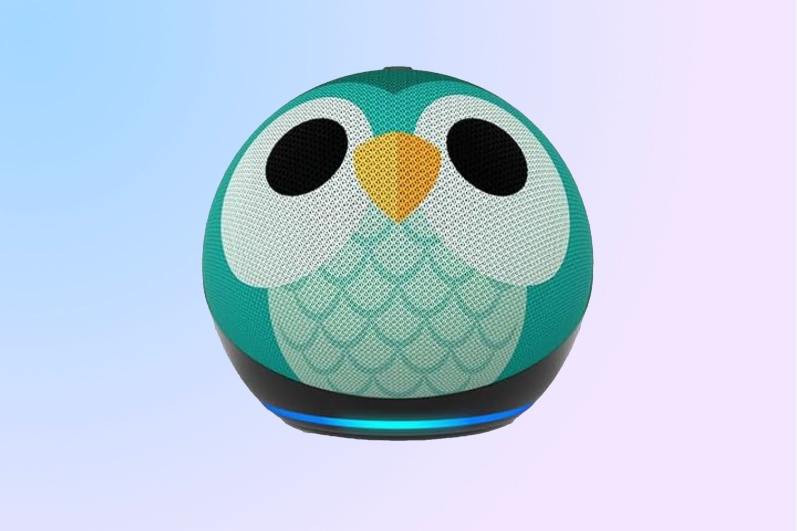 A round, speaker with a glowing light at the bottom with an owl design printed on the outside.