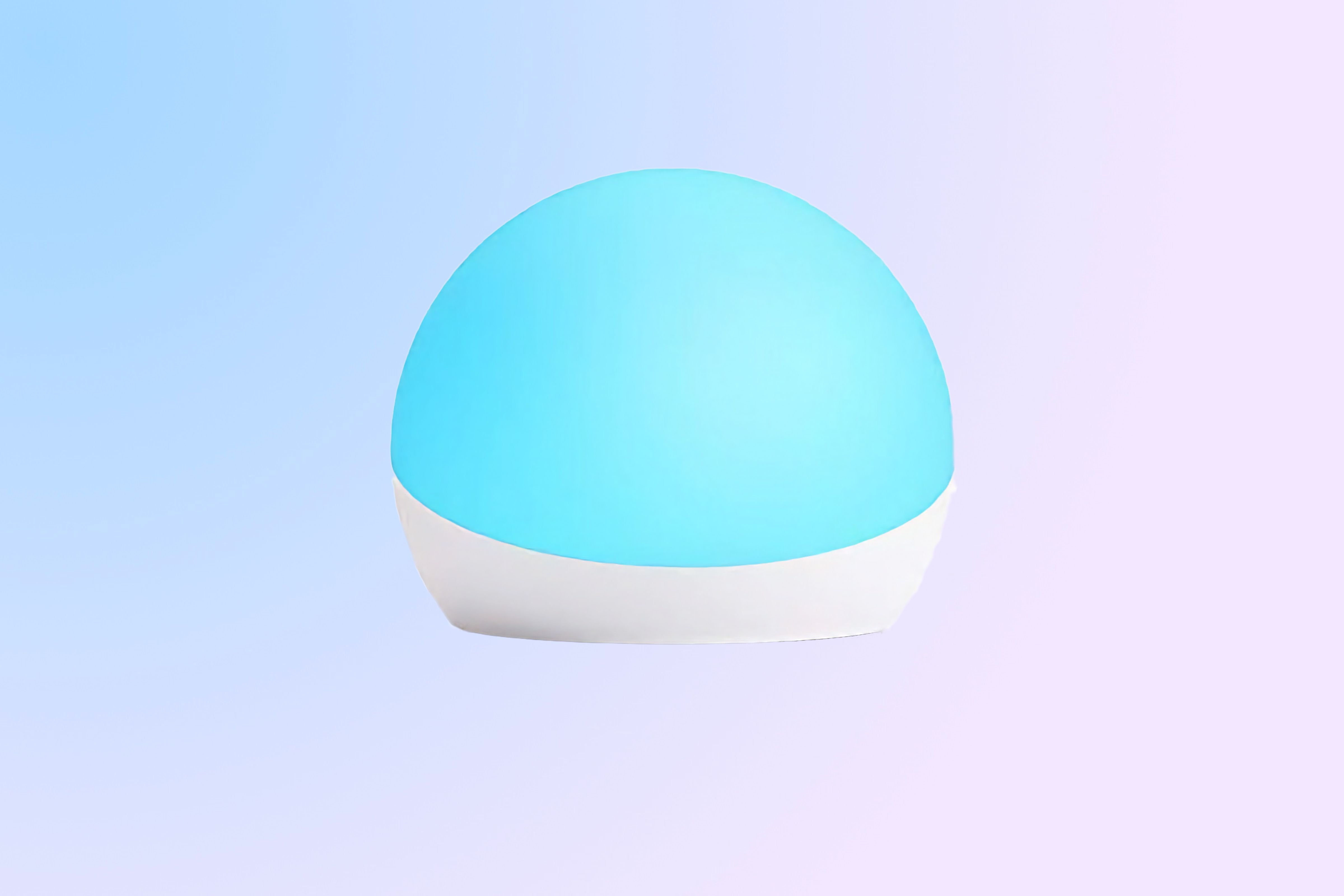 A blue ball-shaped lamp with white plastic at the bottom on a colourful background.