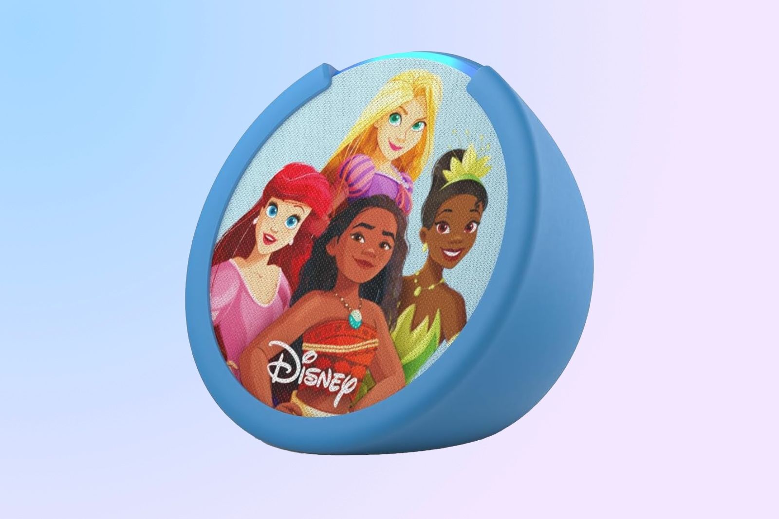 a round speaker with Disney princesses printed on the front and a glowing light on the top.