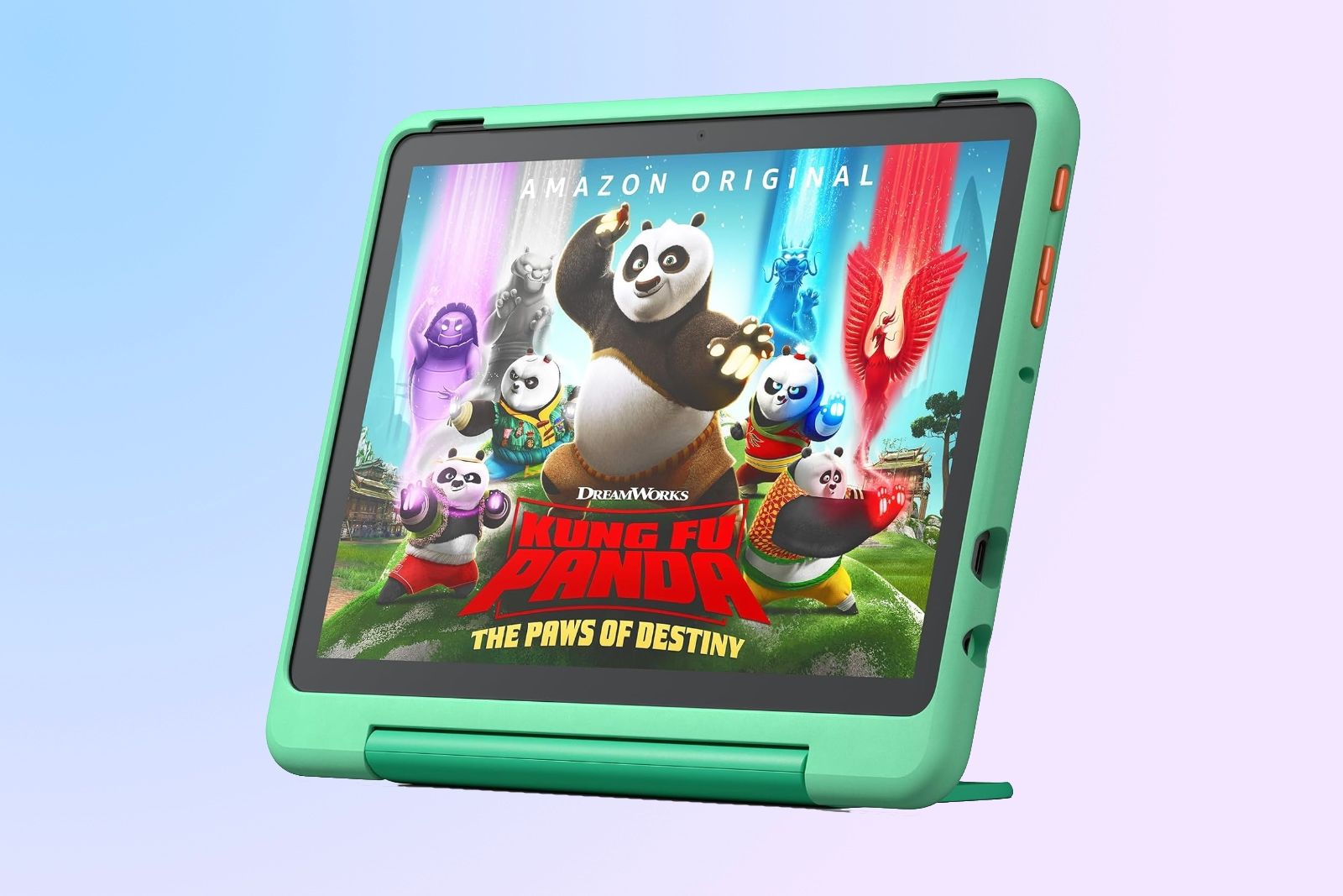 A mint green tablet with a thick case, stand, and Kung Fu Panda on the screen.