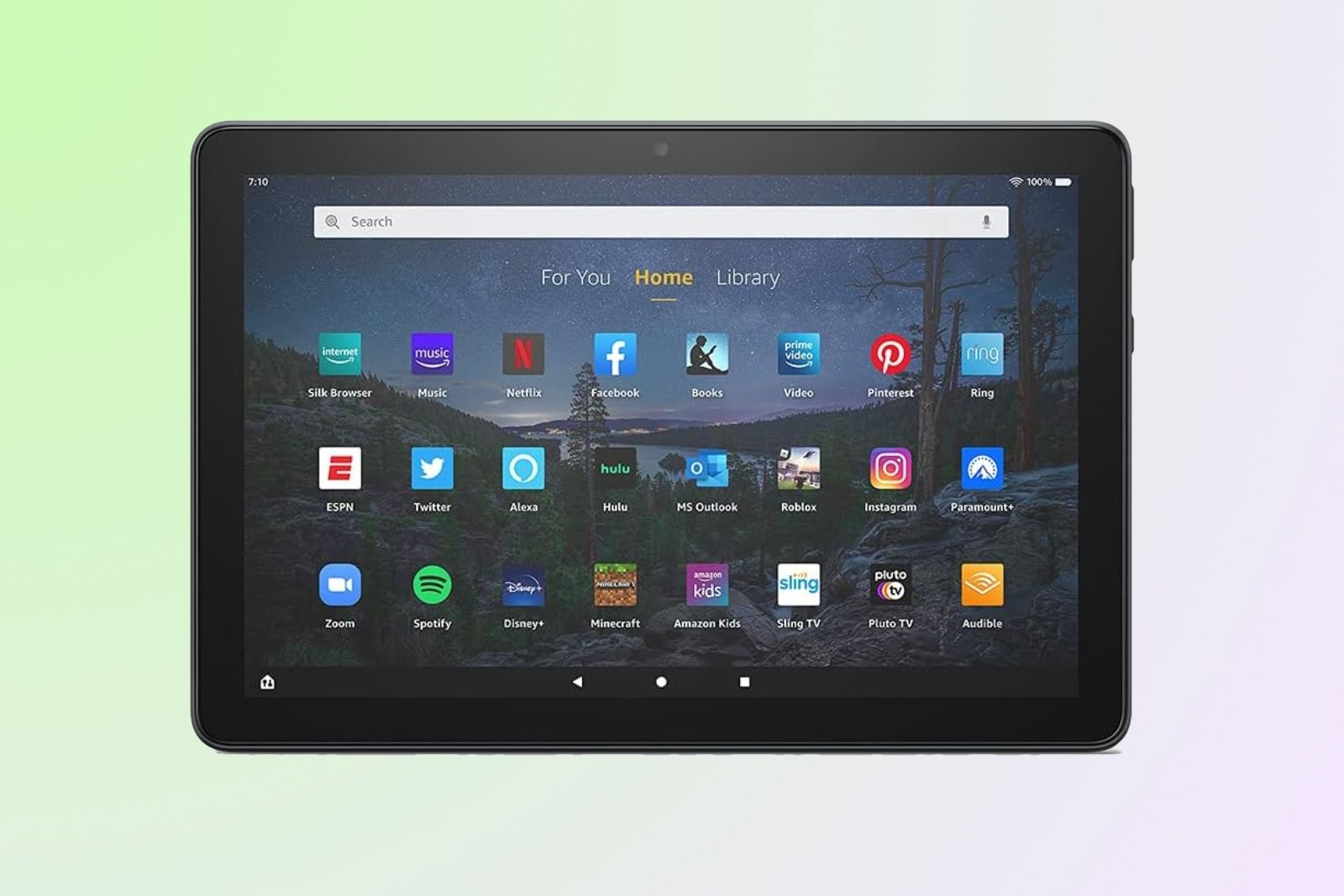 A horizontal Amazon tablet with screen full of apps visible on the front.