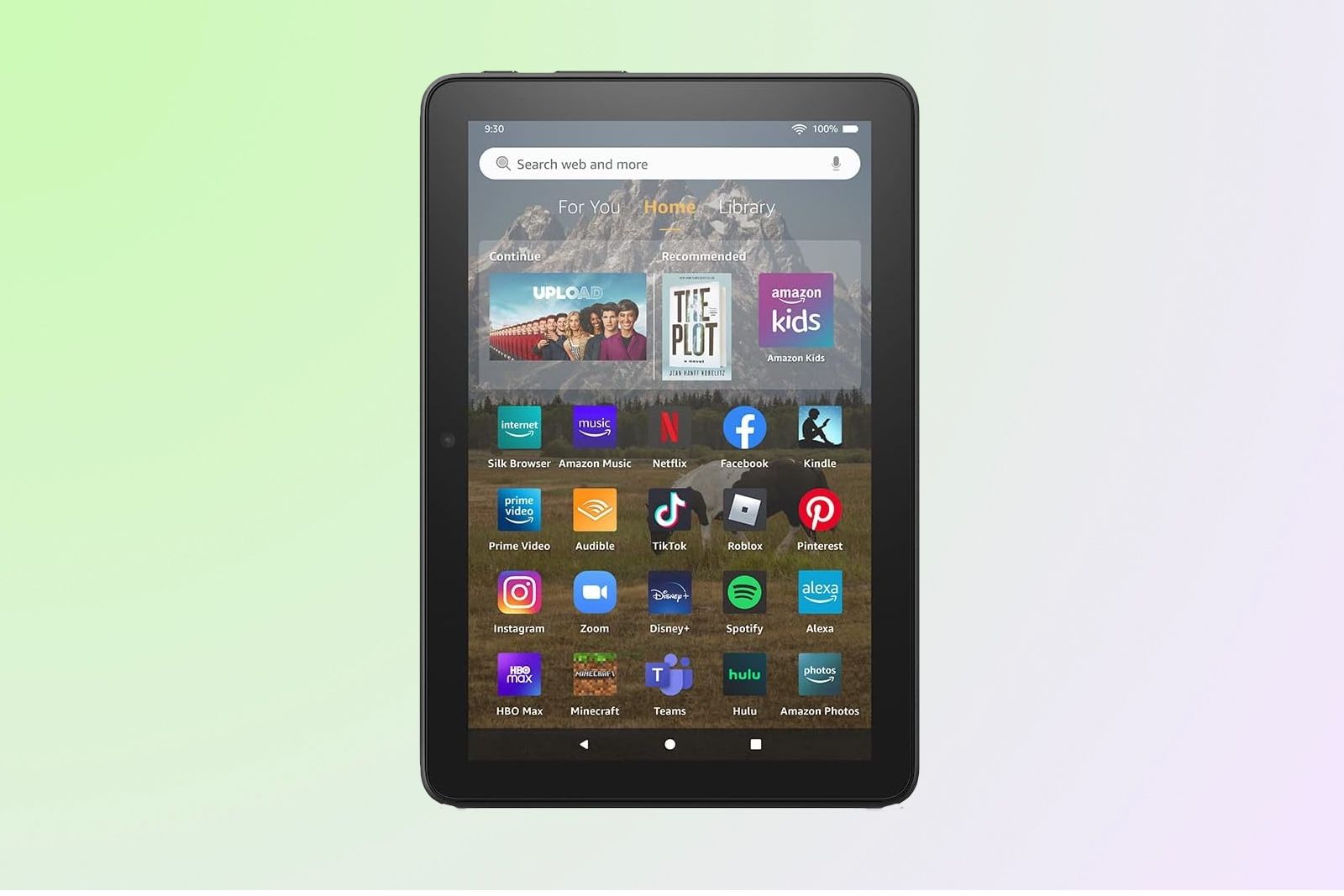 A portrait Amazon tablet with thick bezels and a screen full of apps.