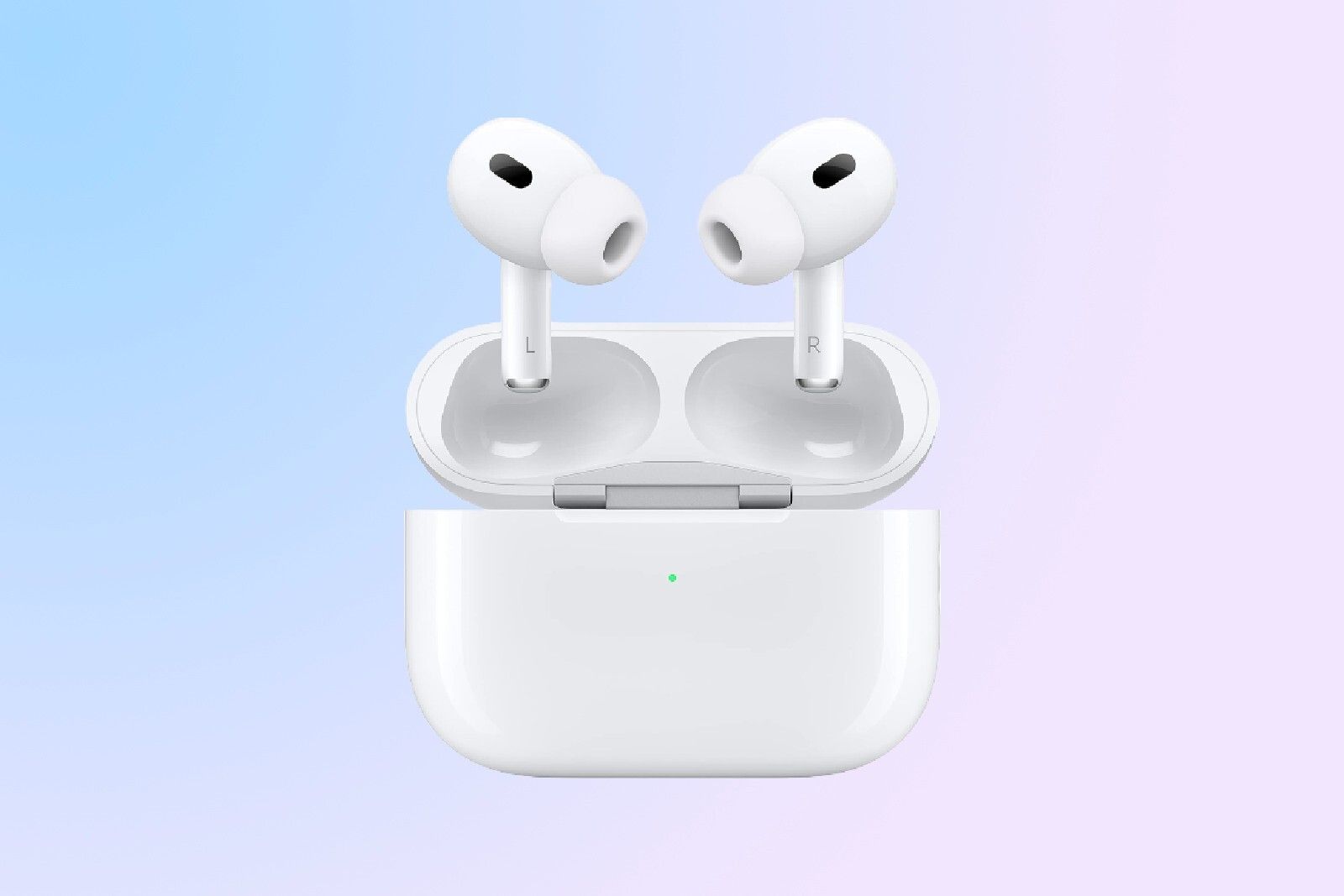 Apple AirPods Pro 2 coming out of the case set against a gradient background. 