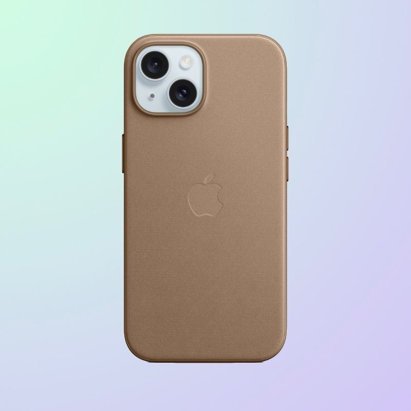 A brown Apple iPhone case covering an iPhone with it's back facing towards the front and cameras visible.