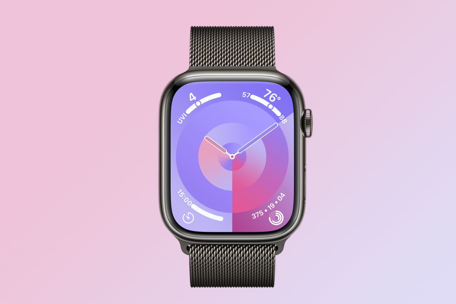 Apple Watch em fundo gradiente rosa e roxo