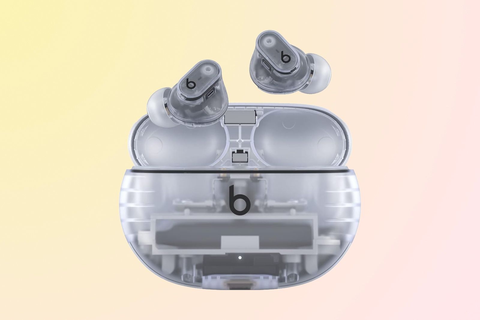 A transparent charging case with a B on the front and two earbuds floating above it.