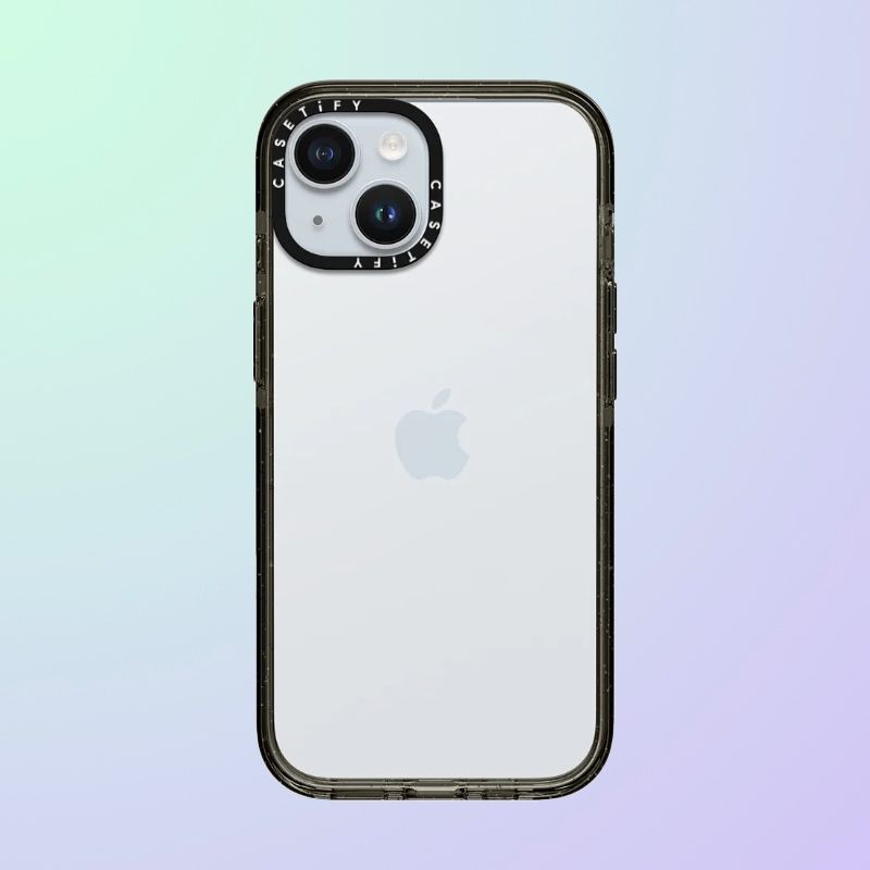 A clear case with black rims on an iPhone.