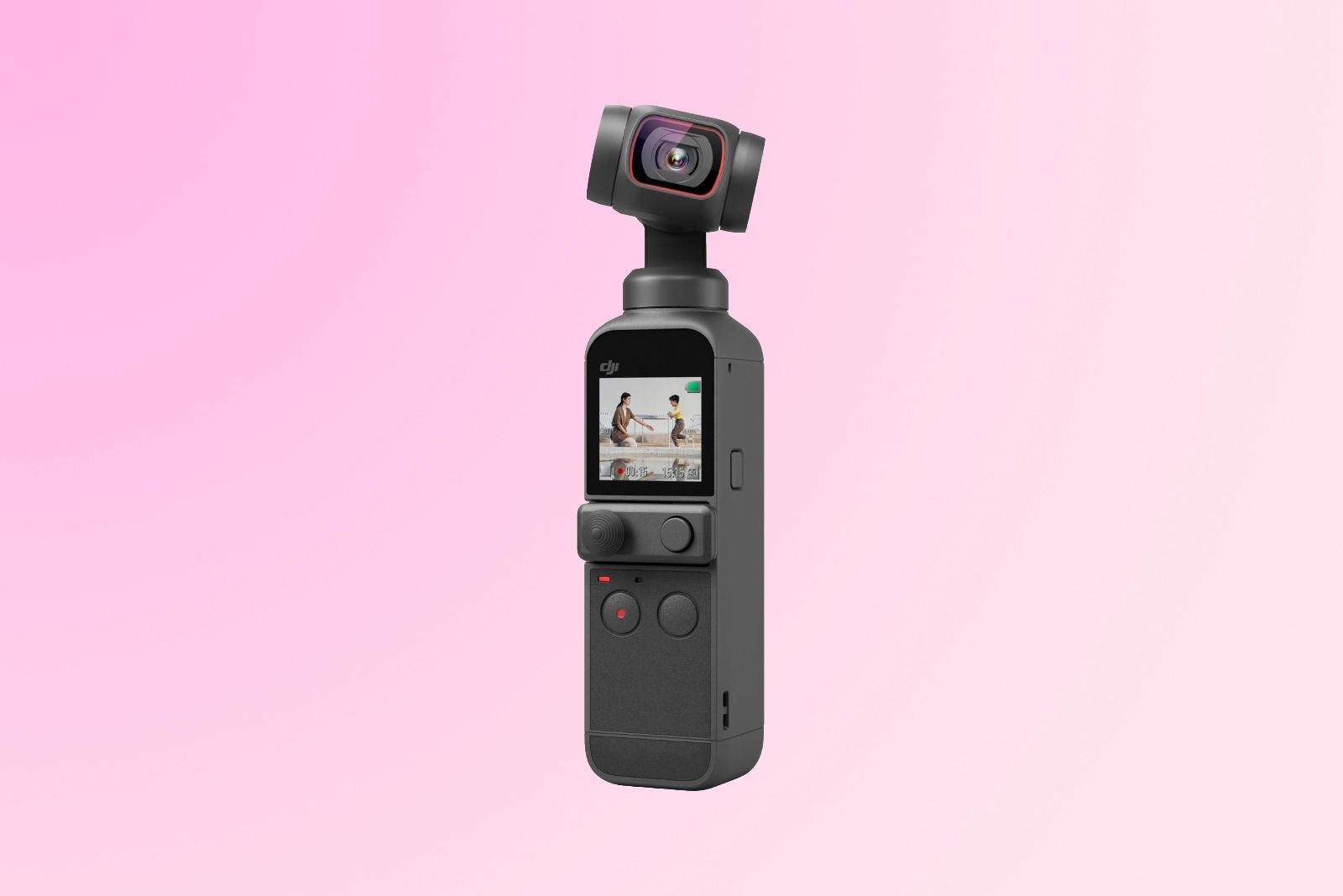 A handle-shaped camera with a small vertical screen, buttons on the side and a rotating camera on the top.