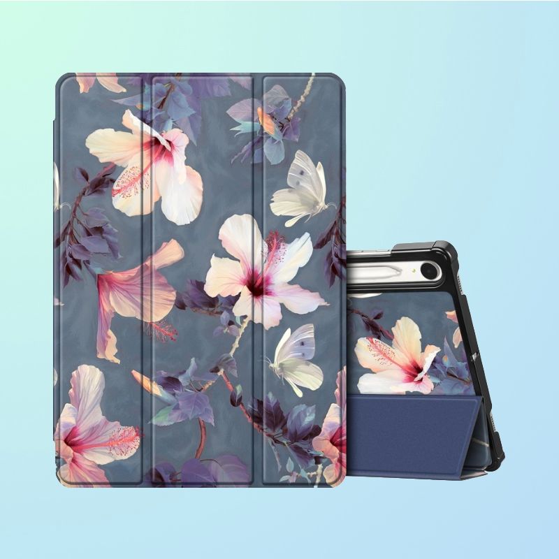 Two tablets in a case with hibiscus flowers on the outside, with one of the horizontal.